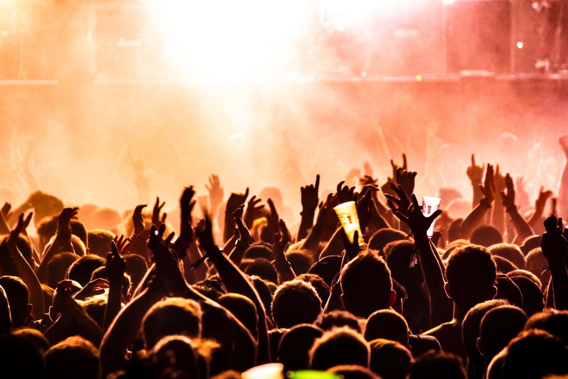 crowd of people looking onto the lights of a music festival stage